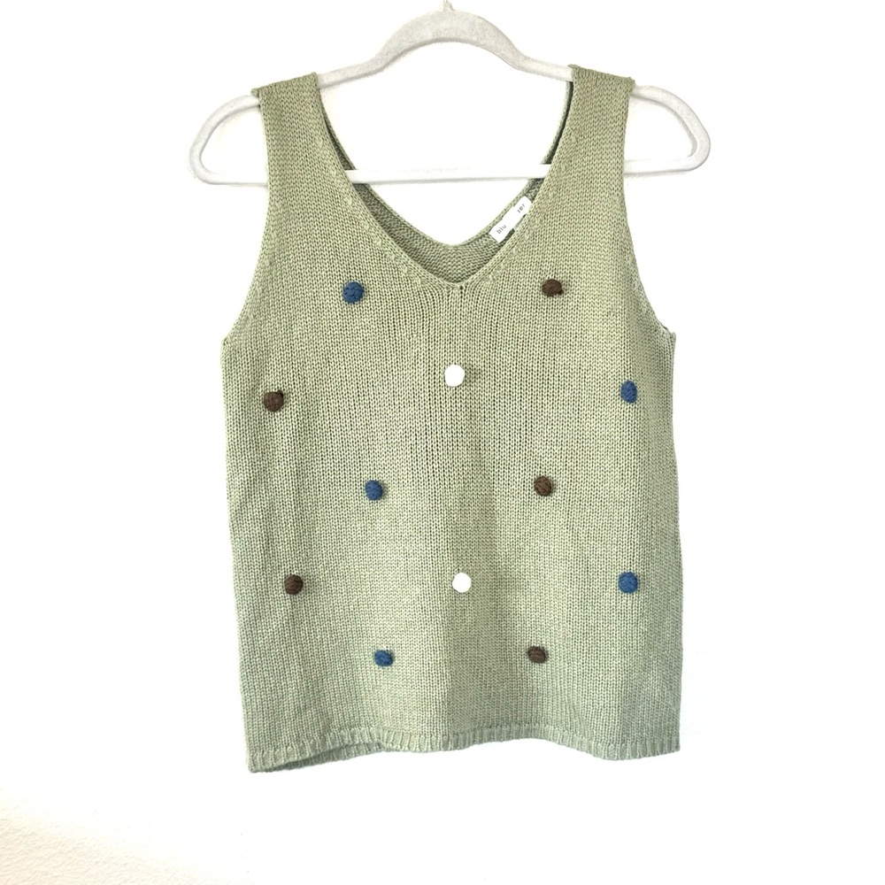 Blu Pepper Knit Tank Sweater Top Sleeveless Green Pom Pom V-Neck Sweater M - Picture 2 of 9